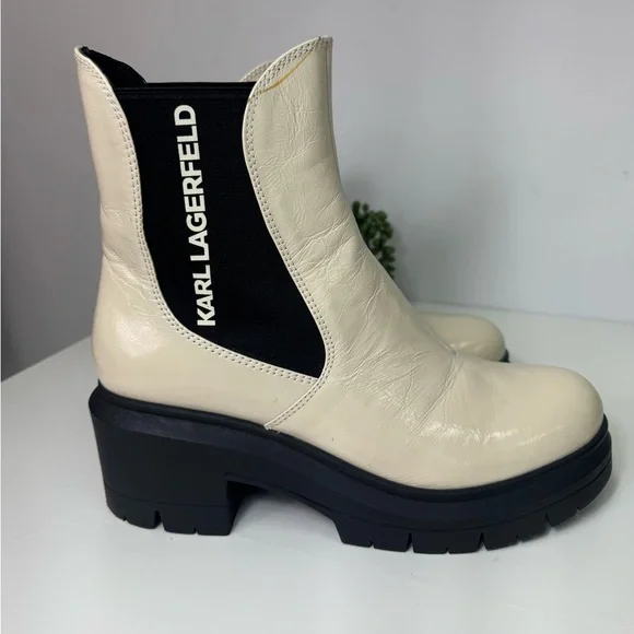 Karl Lagerfeld Cream Colored Patent Chelsea Boots, Women’s 9 - Picture 3 of 8